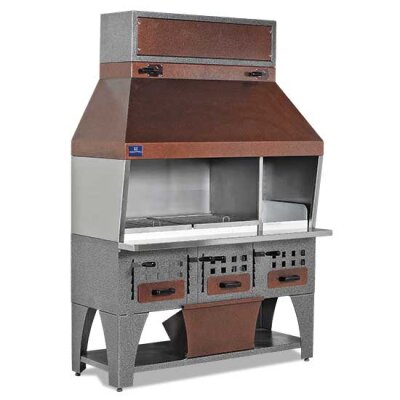 Holzkohlegrill auf Unterschrank mit Ascheschubladen und Abzugshaube, 2 Grillzonen gesamt 1020x530 mm