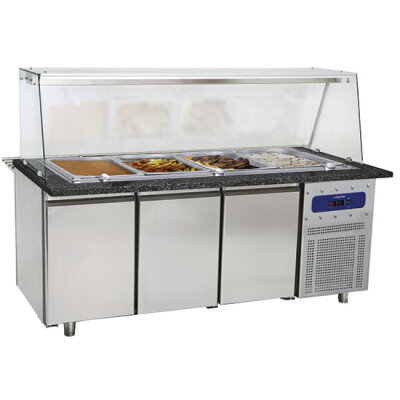 Bain-Marie Theke mit 3 Türen und Glasaufsatz