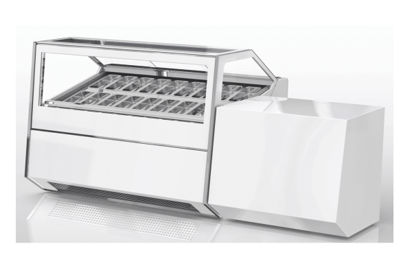 Eiscreme Display CLASSIC mit 12 Trays, weißem Glas und weißem Corian, Umluft