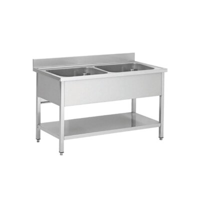 Spültisch aus Edelstahl zwei Becken Mitte 140 x 70