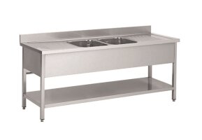 Spültisch aus Edelstahl zwei Becken Mitte 200 x 60