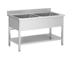 Spültisch aus Edelstahl zwei Becken Mitte 100 x 70
