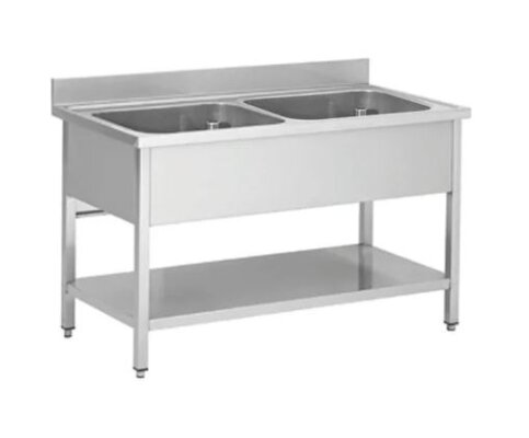Spültisch aus Edelstahl, zwei Becken Mitte, 120 x 60