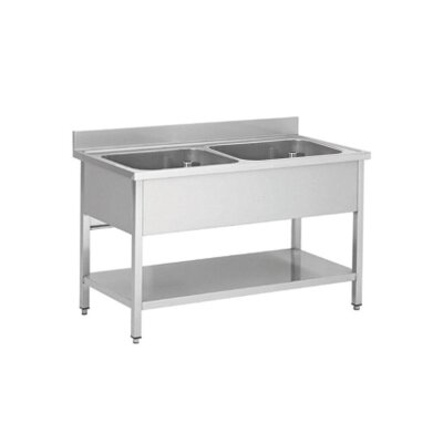 Spültisch aus Edelstahl zwei Becken Mitte 120 x 70