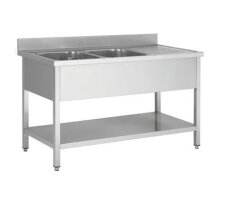 Spültisch aus Edelstahl, zwei Becken links, 160 x 70