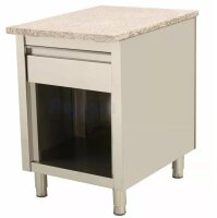 Kassentisch aus Edelstahl Granit rosa/grau mit Holzverkleidung