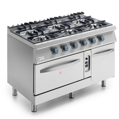 Gasherd auf statischem Gasofen GN 2/1 und geschlossenem Schrank 6 Brenner 45 kW Ofen 6 kW