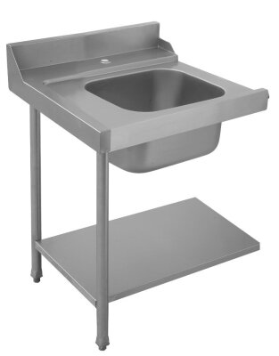 PAL70SX Zulauftisch Links mit Becken 105mm hohen Wandanschluss Korbführungsprofil zur Maschine fallend sowie einem Abstellboard mit 180mm Bodenfreiheit 700x715x850mm B-Ware