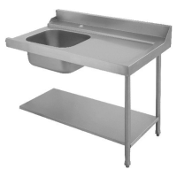 PAL120DX Zulauftisch Rechts mit Becken 105mm hohen Wandanschluss, Korbführungsprofil zur Maschine fallend sowie einem Abstellboard mit 180mm Bodenfreiheit B-Ware