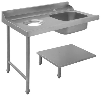 PALS120SX Zulauftisch Links mit Becken und 150mm Abwurfschacht mit 105mm hohen Wandanschluss Korbführungsprfil zur Maschine fallend sowie einem Abstellboard mit 180mm Bodenfreiheit 1200x715x850mm B-Ware