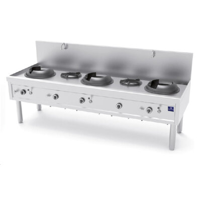 Gas-Wokkochfeld mit 3 Brenner 27,5 kW + 2 Suppenbrenner 9,2 kW, 2 Wasserhähne 100,9 kW