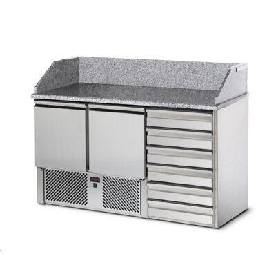 Pizzatisch mit 2 Türen GN 1/1 und 6 neutrale Schubladen 600x400 mm