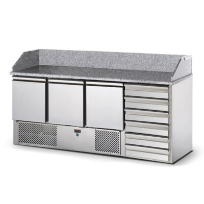 Pizzatisch mit 3 Türen GN 1/1 und 6 neutrale Schubladen 600x400 mm