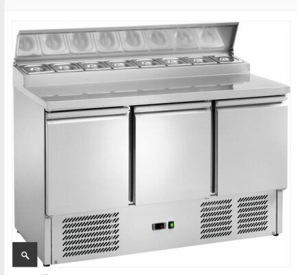 Cookmax Saladette GN 1/1 3 Türen Edelstahl- Arbeitsplatte Toppingaufsatz 8 x GN 1/6 230V 1365x700x950mm Refurbished