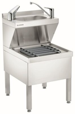 B.PRO Handwasch- und Ausgussbecken-Kombination auf Füßen stehend, mit abnehmbarer Serviceblende, komplett mit 1 Mischbatterie 1/2", einer sensorgesteuerten Mischbatterie sowie Auflagerost aus Kunststoff und Ablaufgarnitur 500x700x850mm B-Ware