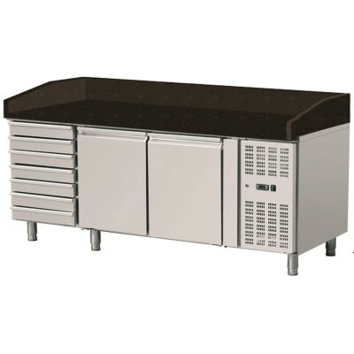 Pizza Kühltisch, Granit Star Galaxy schwarz, 2 Türen 7 ungek. Schubladen, 203x80