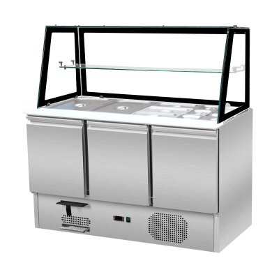 Saladette 3 Türen,137 x 70 gerader Glasaufbau, Klarglas mit schwarzem Rand