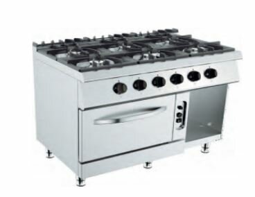 Barossi Gas-Herd mit 6 Brennern à 6,5 kW und Gas-Backofen GN2/1 mit Unterbau offen