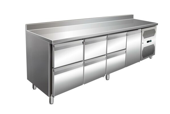 VIP Kühltisch mit 3x 2 Schubladen und 1 Tür und Aufkantung -2 bis +8°C 2.230x700x960 mm